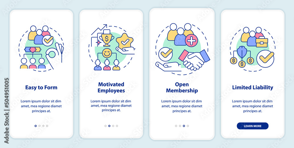 Benefits of co-ops onboarding mobile app screen. Partnership walkthrough 4 steps graphic instructions pages with linear concepts. UI, UX, GUI template. Myriad Pro-Bold, Regular fonts used