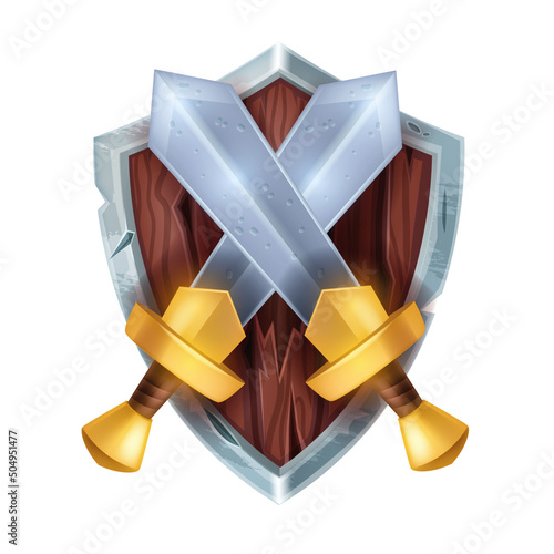 Game sword icon, vector medieval wooden shield, warrior knight emblem, silver metal weapon blade. Military royal coat of arms, isolated defense fight badge, old protection symbol. Game sword asset