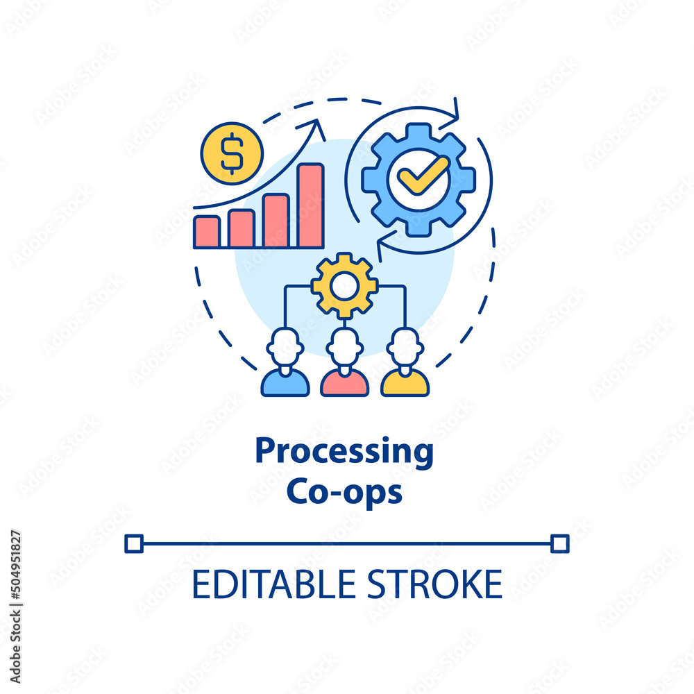 Processing co-ops concept icon. Collective ownership of operating equipment abstract idea thin line illustration. Isolated outline drawing. Editable stroke. Arial, Myriad Pro-Bold fonts used Processing co-ops concept icon. Collective ownership of operating equipment abstract idea thin line illustration. Isolated outline drawing. Editable stroke. Arial, Myriad Pro-Bold fonts used