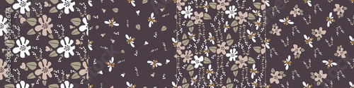 Modern vector floral set of four patterns. Large flowers and small flowers in pink and white, dragonflies, bees on a brown background. Seamless pattern in a minimalist style for paper, textile