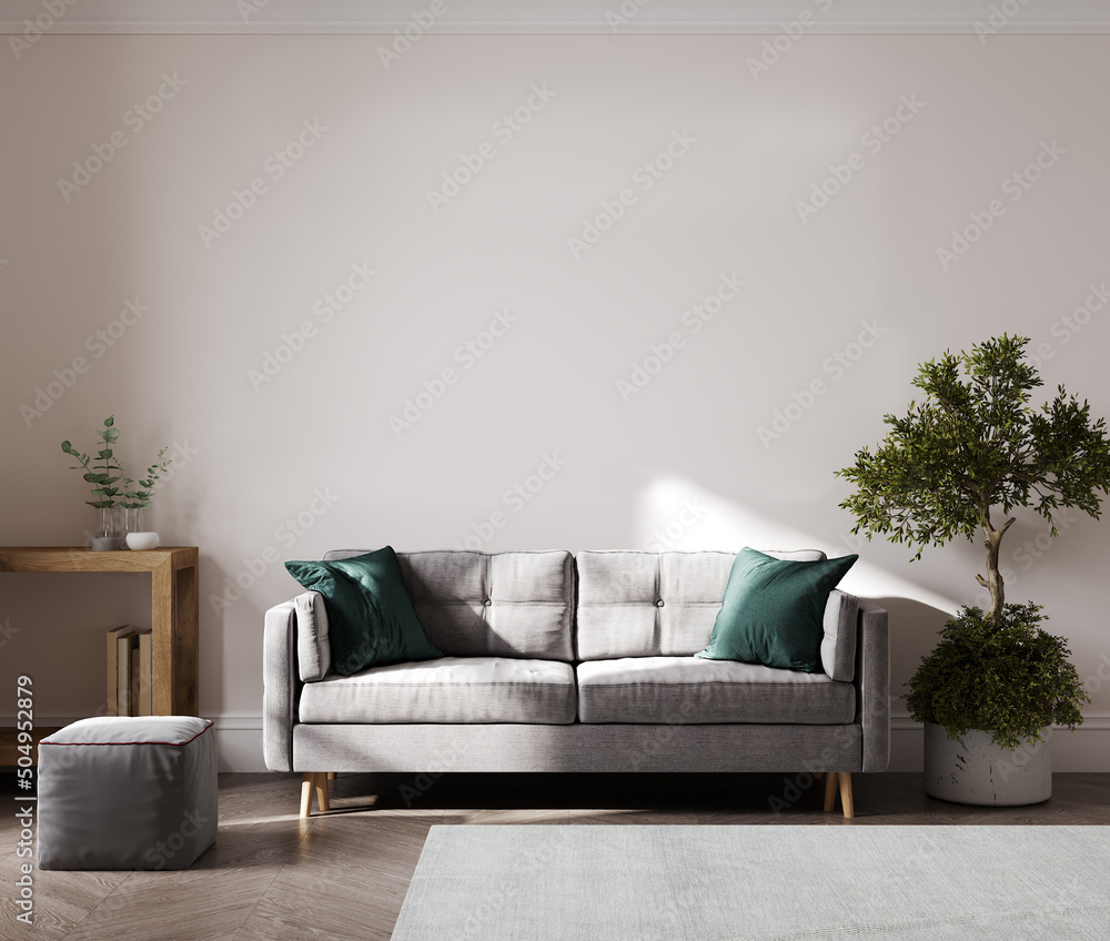 Stylish living room interior mockup with empty light wall and sofa, 3d rendering - obrazy, fototapety, plakaty 