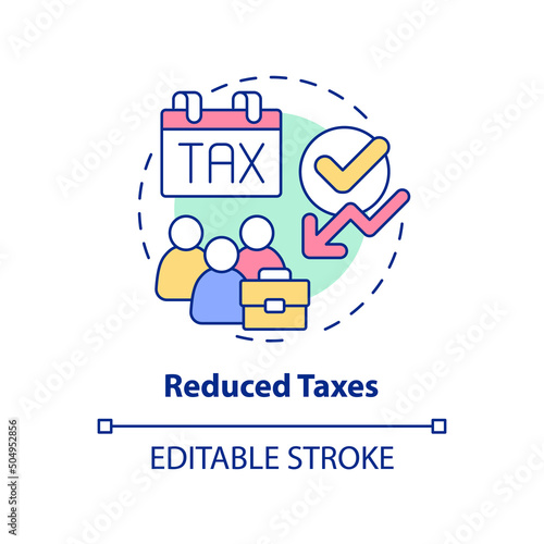 Reduced taxes concept icon. Cooperative society benefit abstract idea thin line illustration. Taxable income. Isolated outline drawing. Editable stroke. Arial, Myriad Pro-Bold fonts used