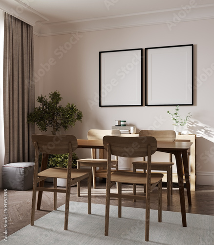 Mock up frame in cozy modern dining room interior  3d render