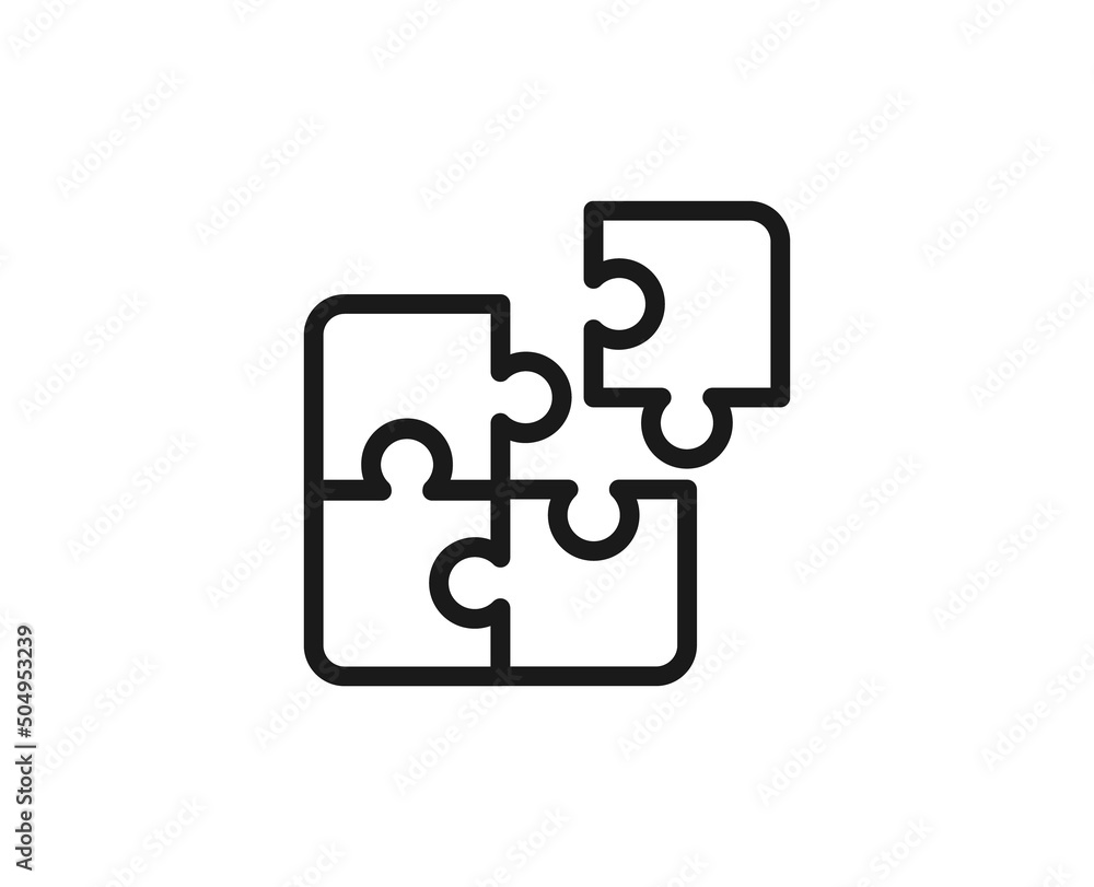 Line puzzle icon isolated on white background. Outline symbol for website design, mobile application, ui. Puzzle pictogram. Vector illustration, editorial stroсk.