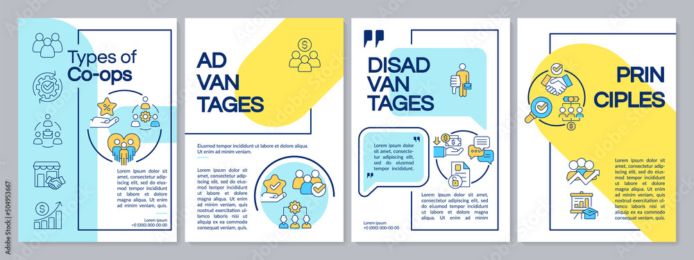 Business co-ops blue and yellow brochure template. Partnership work. Leaflet design with linear icons. 4 vector layouts for presentation, annual reports. Questrial, Lato-Regular fonts used