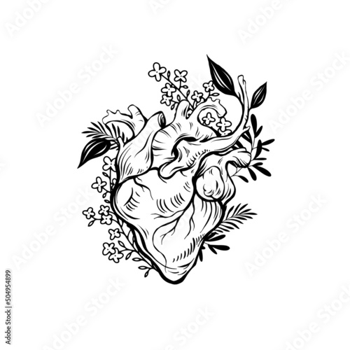 Anatomical wooden heart illustration with florals and branches. Abstract romantic sign, nature love concept. Line art, print, tattoo sketch.