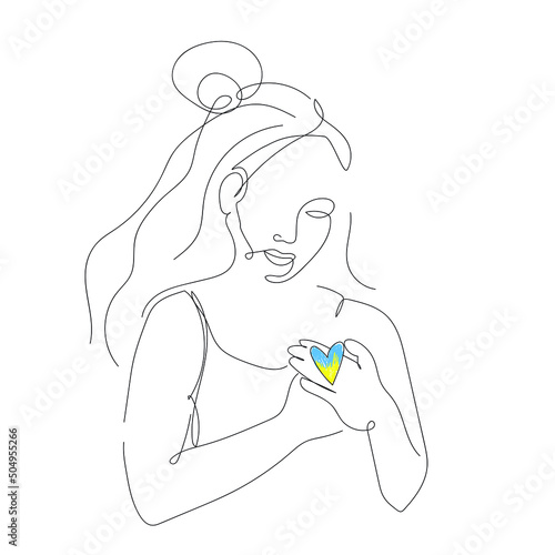 Ukraine. Children. A little girl holds a heart in her hands with ukrainian flaf, and guards it. Line art, line drawing. Trendy black and white simple style. Minimalistic sketch, print design, ink