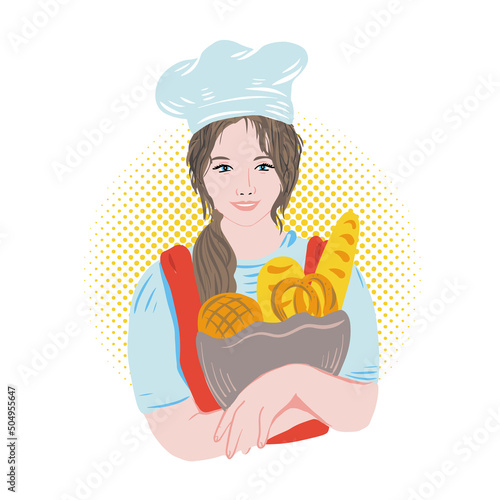 Chef baker girl holding pastries in her hands.Restaurant business concept.Logo.Vector illustration.