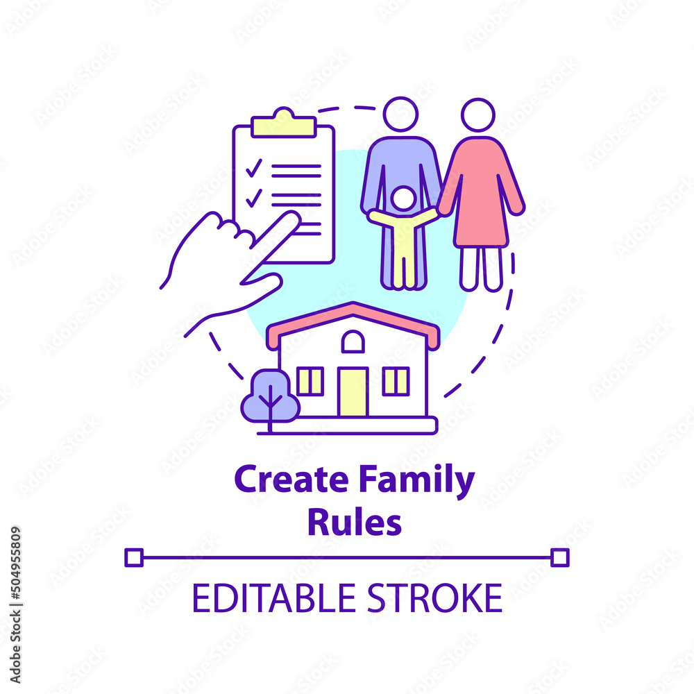 Create family rules concept icon. Discipline and behaviour. Encouraging teamwork abstract idea thin line illustration. Isolated outline drawing. Editable stroke. Arial, Myriad Pro-Bold fonts used