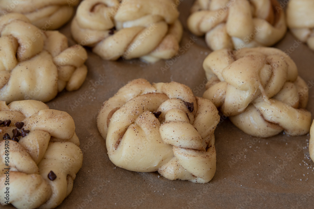 Homemade cinnamon and chocolate buns before baking. macro photography. selective focus Homemade cinnamon and chocolate buns before baking. macro photography. selective focus