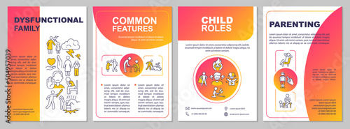 Dysfunctional families red gradient brochure template. Problems, abuse. Leaflet design with linear icons. 4 vector layouts for presentation, annual reports. Arial-Black, Myriad Pro-Regular fonts used
