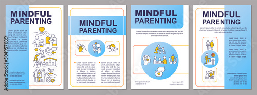 Mindful parenting blue brochure template. Family relationship. Leaflet design with linear icons. 4 vector layouts for presentation, annual reports. Arial-Black, Myriad Pro-Regular fonts used