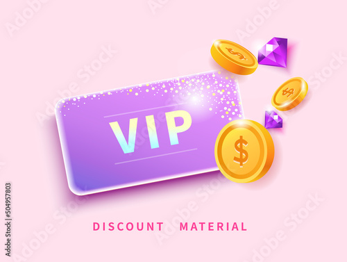 Luxury purple VIP membership card with gems and golden coins, entry ticket template