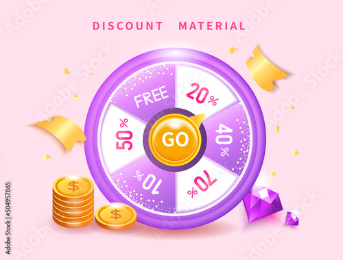 Casino purple lucky wheel with lottery coins and gems, draw offer, event sale template