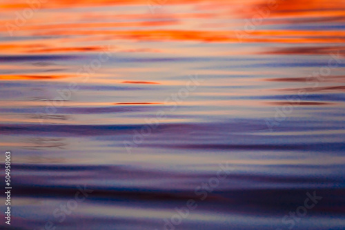 Defocused abstract background of bright orange and blue waves on river during sunset 