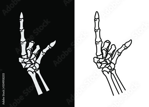 Black and white hand of human skull line art vector illustration. Rock element for apparel design, poster, merchandise, band. Vector eps 10