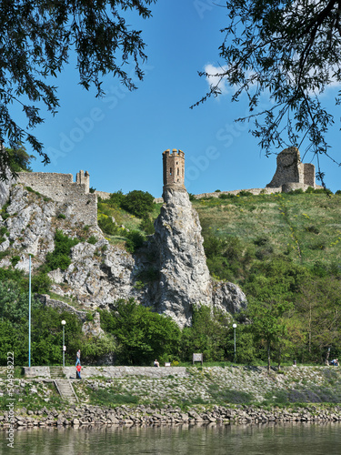 The ruins of the castle Devin from the period of Great Moravia on a high rock, Slovakia photo