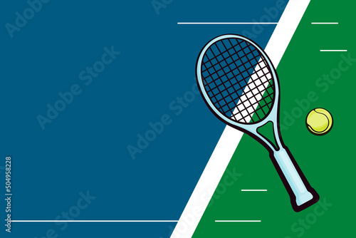 Tennis ball and racket icon on blue-green. Vector illustration of elements of a tennis game. Business card, flyer