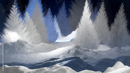 Winter Christmas background with snow covered pine trees in forest. 3D render illustration.