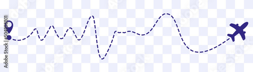 Airplane routes on white background. Romantic travel concept. Airplane line path, vector icon of air plane flight route on transparent background. Vector illustration.