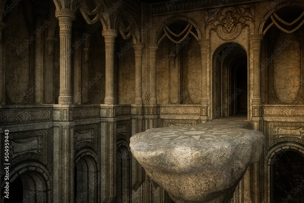 Fantasy medieval architectural interior with large high stone platform extending from a doorwar arch. 3D illustration. - obrazy, fototapety, plakaty 