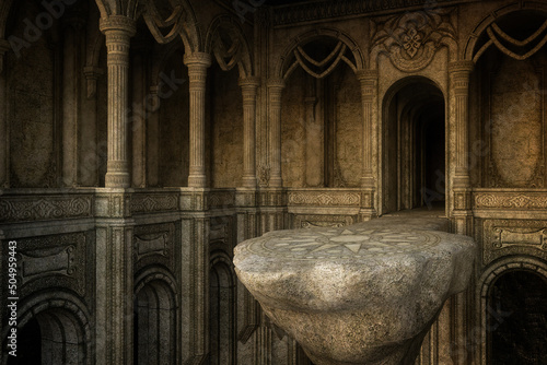 Fantasy medieval architectural interior with large high stone platform extending from a doorwar arch. 3D illustration.