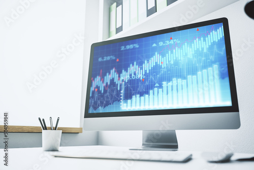 Computer monitor with abstract financial graph, finance and trading concept. 3D Rendering