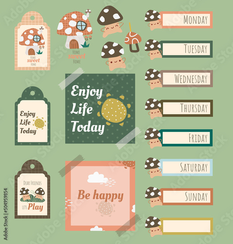a mushroom house themed weekdays digital planners and stickers