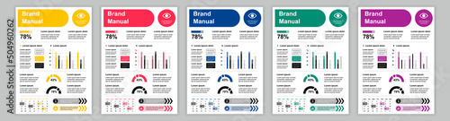 DIN A3 business brand manual templates set. Company identity brochure page with infographic with different sales performance. Advertisement, promotion. Vector layout design for poster, cover, brochure