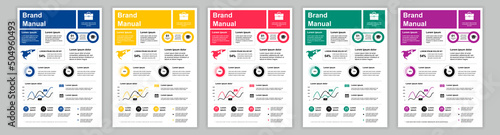 DIN A3 business brand manual templates set. Company identity brochure page with global statistics, investment strategy, sales performance and earnings. Vector layout design for poster, cover, brochure