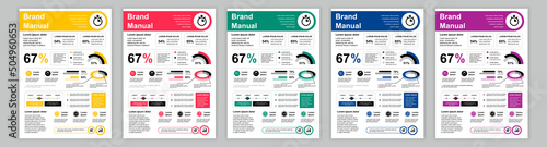 DIN A3 business brand manual templates set. Company identity brochure page with infographic data. Management and marketing at presentation banner. Vector layout design for poster, cover, brochure