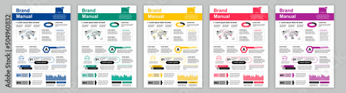 DIN A3 business brand manual templates set. Company identity brochure page with infographic. Outsourcing business, global leadership and investment. Vector layout design for poster, cover, brochure