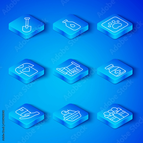 Set line Book donation, Free overnight stay house, Donation food box, Medicine bottle and pills, Paw print, Clothes, Shovel and Gift icon. Vector