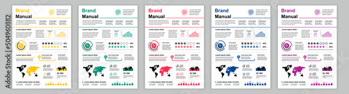 DIN A3 business brand manual templates set. Company identity brochure page with science infographic. Data analysis, international scientific research. Vector layout design for poster, cover, brochure