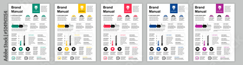 DIN A3 business brand manual templates set. Company identity brochure page. Banner with infographic for marketing research and financial data analysis. Vector layout design for poster, cover, brochure
