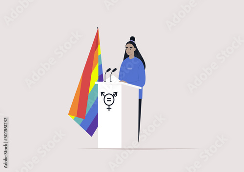 A female Asian character standing behind the pulpit with a rainbow LGBT flag, human rights, gender equality, political process