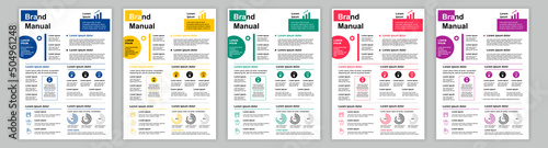 DIN A3 business brand manual templates set. Company identity brochure page with financial data. Banner with marketing and professional development. Vector layout design for poster, cover, brochure