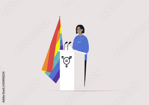 A female Caucasian character standing behind the pulpit with a rainbow LGBT flag, human rights, gender equality, political process