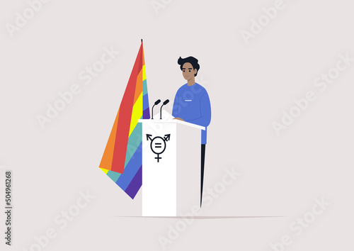 A male Caucasian character standing behind the pulpit with a rainbow LGBT flag, human rights, gender equality, political process