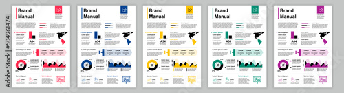 DIN A3 business brand manual templates set. Company identity brochure page. Newsletter banner with global targets, marketing and communication. Vector layout design for poster, cover, brochure