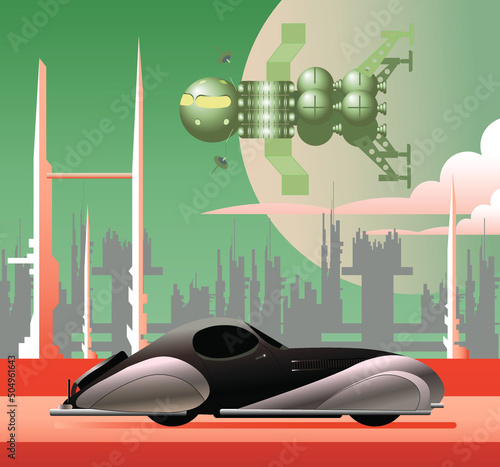Retro futuristic sci fi landscape with colony on other planet, space craft and atompunk car moving down the road. Vector illustration