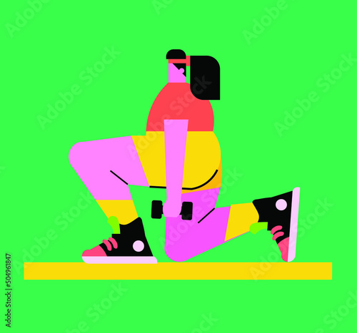 Vector illustration of a flat character of a woman doing exercises with dumbbells, green background. Fitness concept