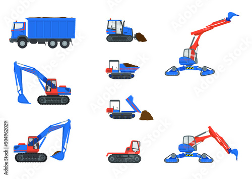 Construction equipment, tracked vehicles, loader, excavator, swamp digger, pistenbully, truck photo