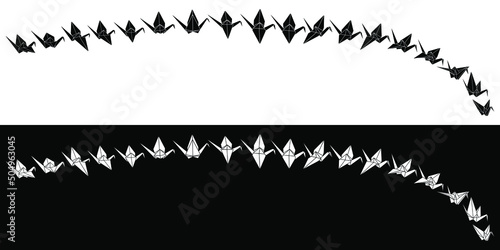 Set of flying trace of origami crane vector silhouette illustration icon isolated on white and black background. Japanese traditional origami crane for infographic, website or app.