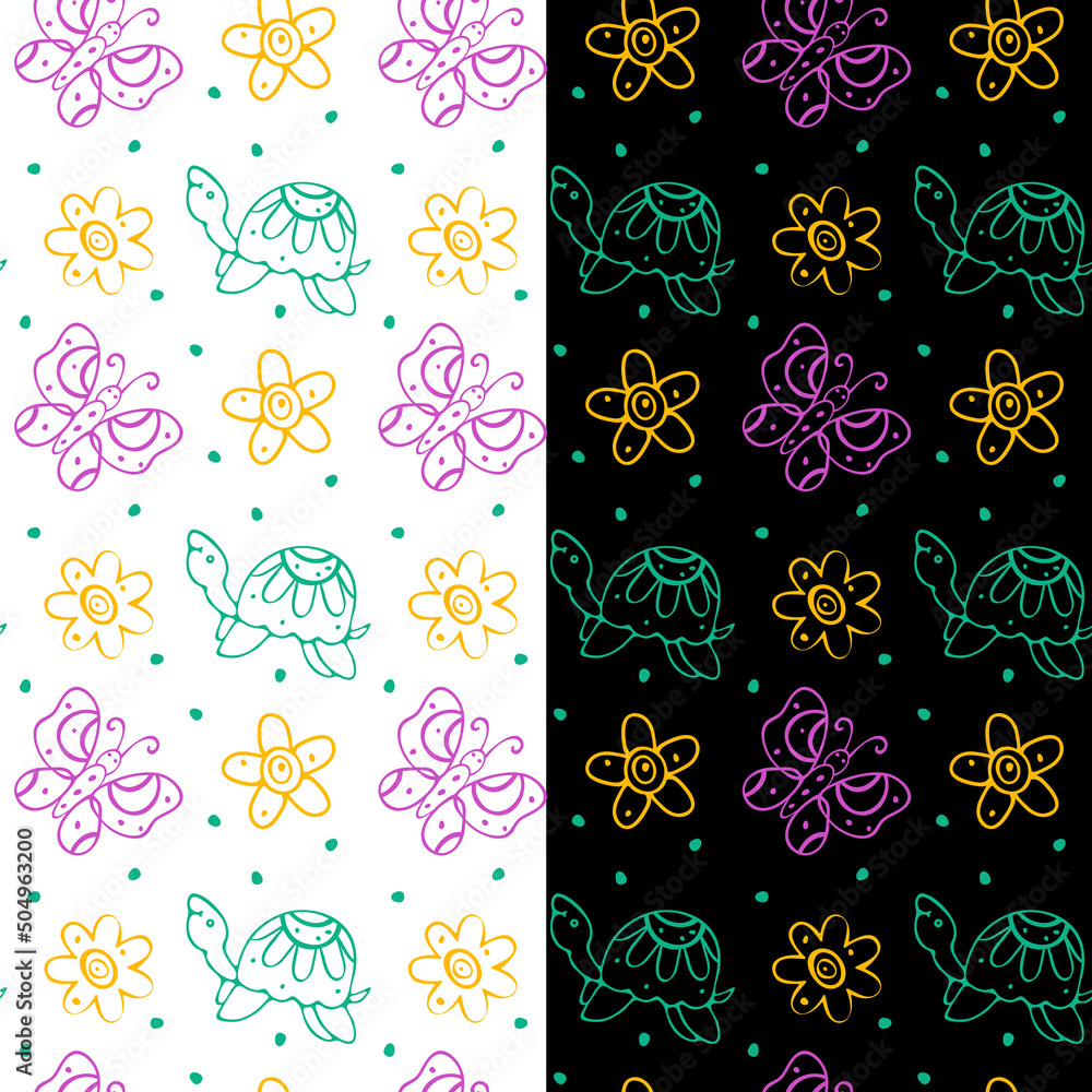 Turtle, butterfly floral seamless pattern. Hand drawn doodle simple graphic, daisy flowers. Cute baby nursery cartoon design illustration. White, black easy editable color background. Vector