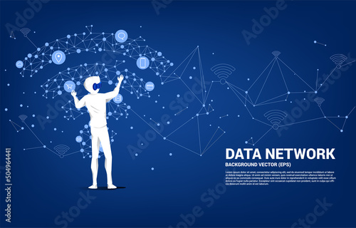 Silhouette businessman wear VR glasses with dot connect line polygon mobile data icon. Concept of digital virtual reality technology and AR .