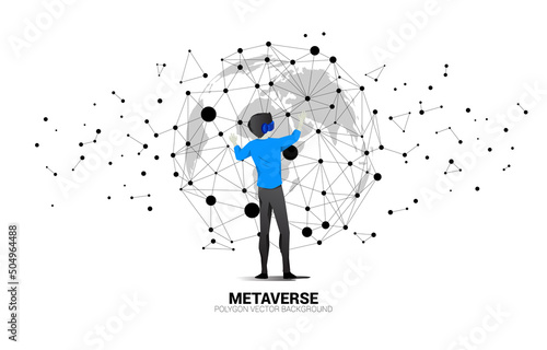 Silhouette businessman wear VR glasses with 3D world map. Concept of digital virtual reality technology and AR .