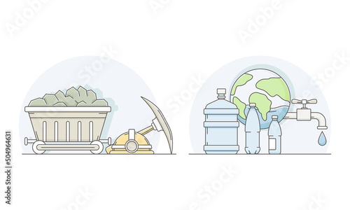 Environmental pollution set. Coal mining and depletion of fresh water reserves lined vector illustration