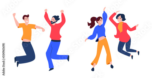 Vector Men and Women Teams Winning Celebration, Happy People Flat Style Isolated on White Background Couples.