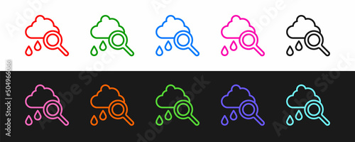 Set line Cloud with rain icon isolated on black and white background. Rain cloud precipitation with rain drops. Vector